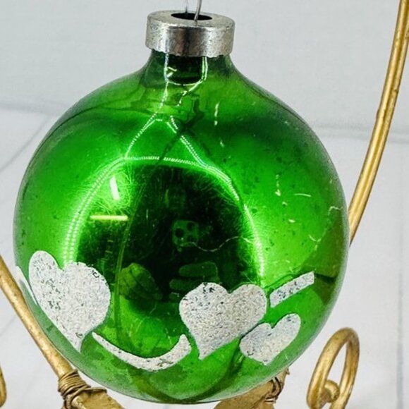 Christmas Tree Ornament Blown Glass Round Mica Hearts Green Ball 3" - Picture 9 of 16
